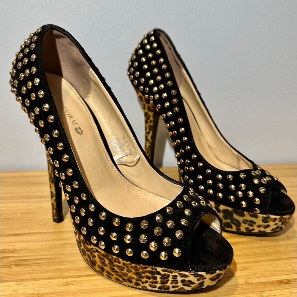 Animal Print Studded Peep Toe Heels